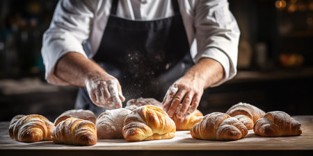 Pastry chef man hands work preparing sweet brioches on table with flour.ai generativeの素材