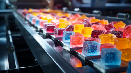 tape sweets, candied fruits, in the food industry, products ready for automatic packaging. Concept with automated food production.ai generativeの素材