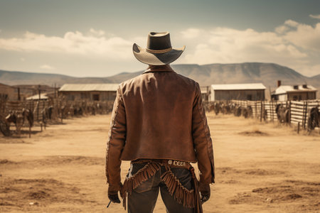 Cowboy getting ready for a shootout in the Wild West, back view. ai generativeの素材