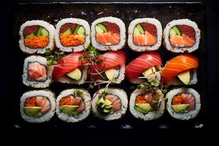 Top view of delicious sushi rolls on a dark background. ai generativeの素材