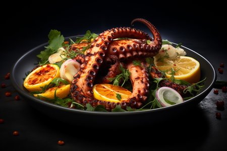Appetizing dish with grilled octopus and lemon.ai generativeの素材
