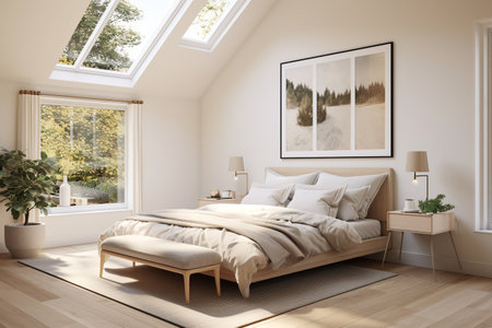 calm bedroom with a comfortable bed and natural light from the window. ai generativeの素材