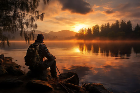 Fisherman by the lake at dawn.ai generativeの素材