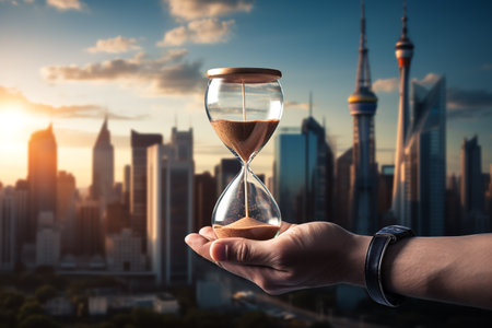 A hand holding an hourglass is seen against the morning skyline with skyscrapers and a cityscape in the background. idea of ââmodern life,time management and city life.ai generativeの素材