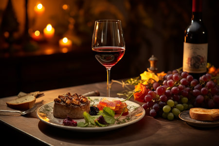 A plate of food and a glass of wine on a table.ai generativeの素材