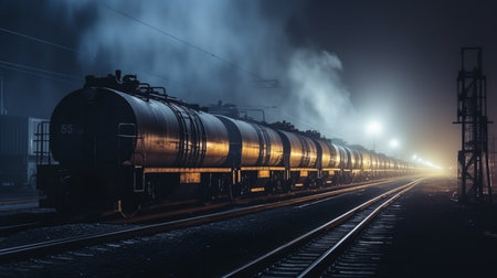 railway wagons tanks with fuel on the rails, haze and fog, night light of a lantern. ai generativeの素材