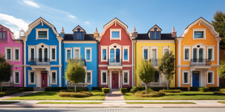 Colorful stucco traditional private townhouses. Residential architecture exterior.ai generativeの素材