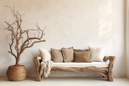 Rustic aged wood tree trunk bench with pillows near stucco wall with dried twig decor. Boho interior design of modern living room with window in farmhouse.ai generativeの素材