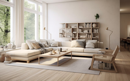 Scandinavian interior design of modern spacious living room.ai generativeの素材