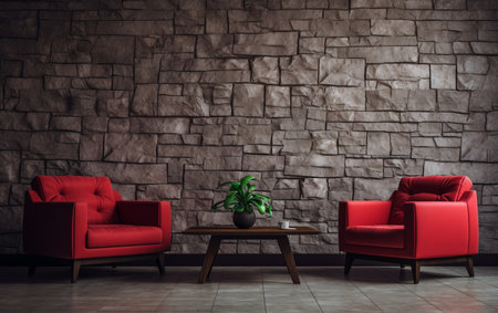 Red armchair on the background of a stone 3D panel. ai generativeの素材
