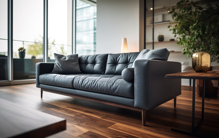 Modern living room showcasing a chic sofa close-up, sleek design, and hardwood floors.ai generativeの素材