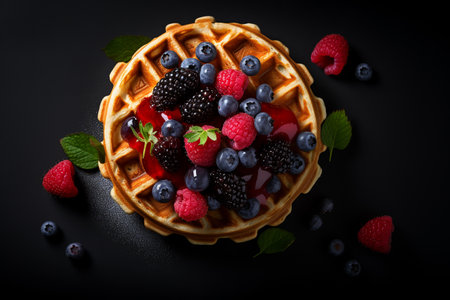 Delicious Waffle with Berries, top view.ai generativeの素材