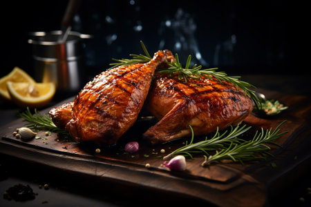 Delicious grilled chicken, dark background.ai generativeの素材
