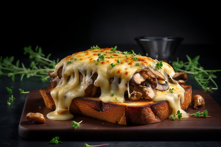 Mushroom and cheese toasted bread, dark background.ai generativeの素材