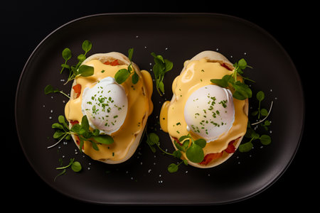 Delicious Plate of Eggs Benedict,top view.ai generativeの素材