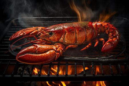 lobster on the grill, dark background.ai generativeの素材