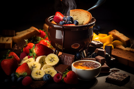 Chocolate fondue with fruits and toast, dark background.ai generativeの素材