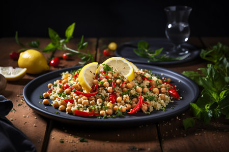 Chickpea Salad with Quinoa, sweet red pepper, herbs and lemon. Healthy food.ai generativeの素材