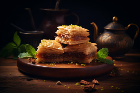 Baklava food of MIDDLE EAST, dark background.ai generativeの素材