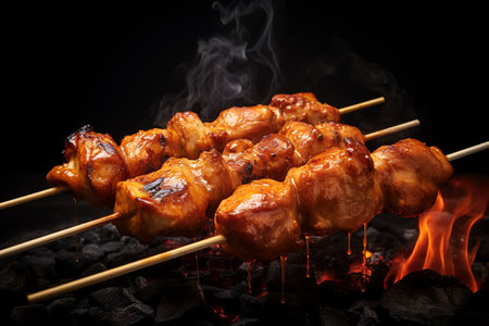Chicken skewer on the grill, dark background.ai generativeの素材