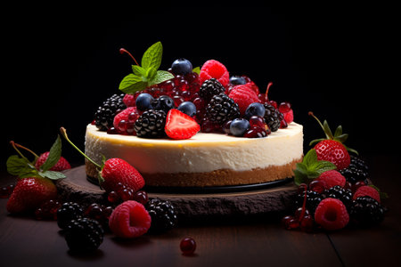 cheesecake with berries, dark background.ai generativeの素材