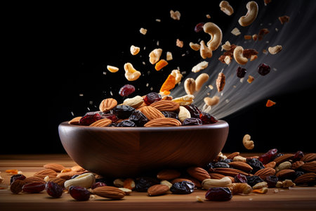 The mix of nuts and raisins in a wooden bowl.ai generativeの素材