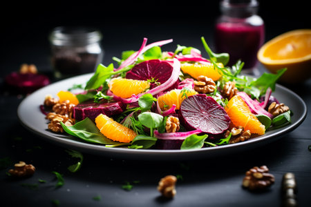 Beet and orange healthy salad with arugula, lamb lettuce, red onion, walnut and tangerine, gray kitchen table. Fresh useful vegan dish for healthy eating.ai generativeの素材