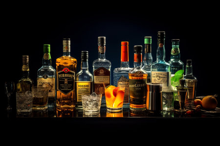 Cocktail party, alcohol drinks with gin, whiskey, vermouth and liquor, black bar counter background, nightlife atmosphere.ai generativeの素材