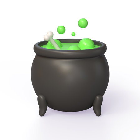 A cauldron of green magic, simmering with a charming bubble potion or witch's soup with poisonous poison. An item with a Halloween, horror or fantasy theme. 3d render illustrationの写真素材