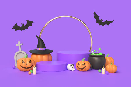 Happy Halloween background. Realistic 3d design podium, round studio. Orange pumpkins, emotions on the face, scary smile. Bat fly. Creative banner, web poster.3d renderingの写真素材