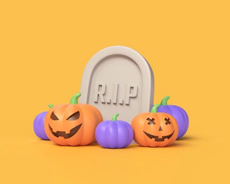 3d pumpkins with a creepy smile on the grave, headstone in cartoon style. illustration for poster or banner design for halloween holiday. 3d renderingの写真素材