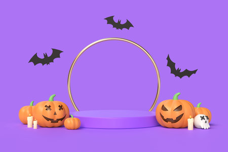 Happy Halloween background. Realistic 3d design podium, round studio. Orange pumpkins, emotions on the face, scary smile. Bat fly. Creative banner, web poster.3d renderingの写真素材