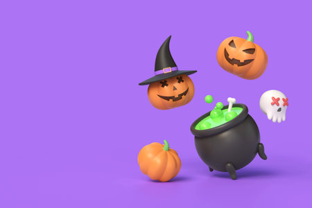 3d pumpkins with a creepy smile fly around the witch's cauldron with a cartoon style potion. illustration for poster or banner design for halloween holiday.copy space. 3d renderingの写真素材