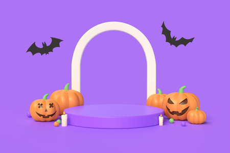 Happy Halloween background. Realistic 3d design podium, round studio. Orange pumpkins, emotions on the face, scary smile. Bat fly. Creative banner, web poster.3d renderingの写真素材