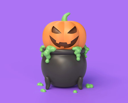 3d pumpkin with a creepy smile inside the witch's cauldron potion flows out in a cartoon style. illustration for halloween holiday poster or banner design. 3d renderingの写真素材