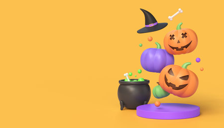 3d orange purple pumpkins, witch potion cauldron and hat, cartoon style podium. illustration for banner or poster design for halloween holiday. copy space.3d renderingの写真素材