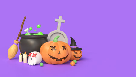 3d pumpkins, witch's broom and cauldron, hat, tombstone and skull. illustration for poster or banner design for halloween holiday.copy space. 3d renderingの写真素材