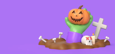 3d zombie hand from underground holds orange pumpkin, bones, cross and skull in cartoon style. illustration for halloween holiday banner or poster design.copy space. 3d renderingの写真素材