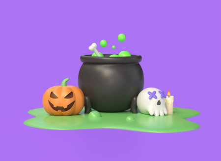 3d pumpkin with creepy smile witch cauldron and potion, skull in cartoon style. illustration for halloween holiday banner or poster design. 3d renderingの写真素材