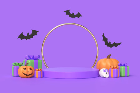 Happy Halloween background. Realistic 3d design podium, round studio. Orange pumpkins, face emotions and gift boxes, scary smile. Bat. Creative banner, web poster.3d renderingの写真素材