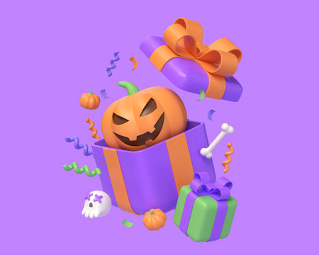 3d pumpkin and gift box in cartoon style. illustration for banner or poster design for halloween holiday. 3d renderingの写真素材