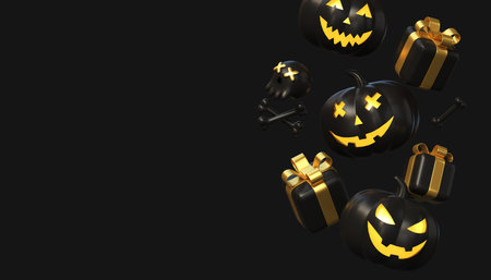 3d pumpkin in black color with a creepy smile and glowing eyes and gift boxes.illustration for a panner or poster for the halloween holiday. copyspace. 3d renderingの写真素材