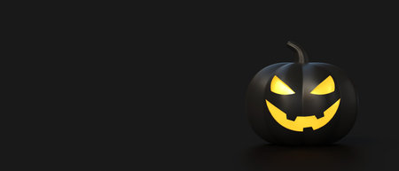 3d black pumpkin with a creepy smile and glowing eyes.illustration for a panner or poster for the halloween holiday. copyspace. 3d renderingの写真素材