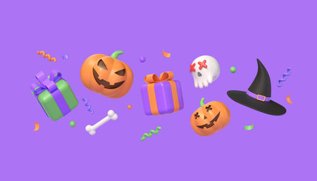 Happy Halloween concept, pumpkin character, gift box, witch hat, skull on purple background. 3d rendering.の写真素材
