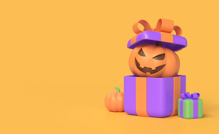 3d pumpkin and gift box in cartoon style. illustration for banner or poster design for halloween holiday. 3d renderingの写真素材