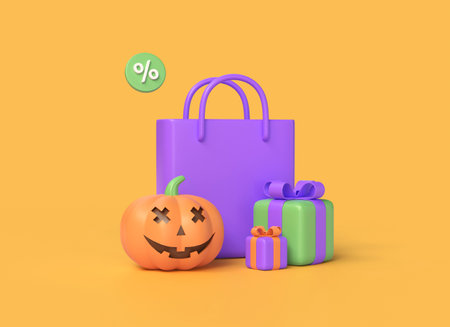 3d shopping bag, pumpkin, gift box and percentage icon. illustration for halloween holiday banner or poster design.3d rendering.の写真素材