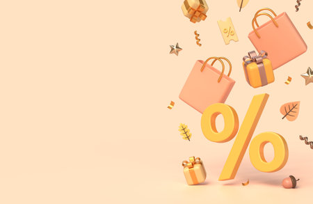 3d shopping bags, gift boxes, huge percent sign, leaves. illustration for banner or poster design for autumn sale. copyspace. delicate pastel colors. 3d renderingの写真素材