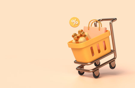3d gift box, shopping bag, basket. illustration for advertising banner or poster design for autumn sale. copyspace. soft pastel colors. 3d renderingの写真素材