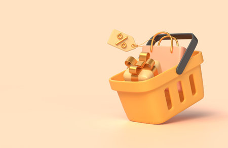 3d gift box, shopping bag, basket. illustration for advertising banner or poster design for autumn sale. copyspace. soft pastel colors. 3d renderingの写真素材