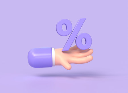 3d percent icon in character hand.Percentage, discount, sale, promotion concept. illustration isolated on purple background. 3d renderingの写真素材